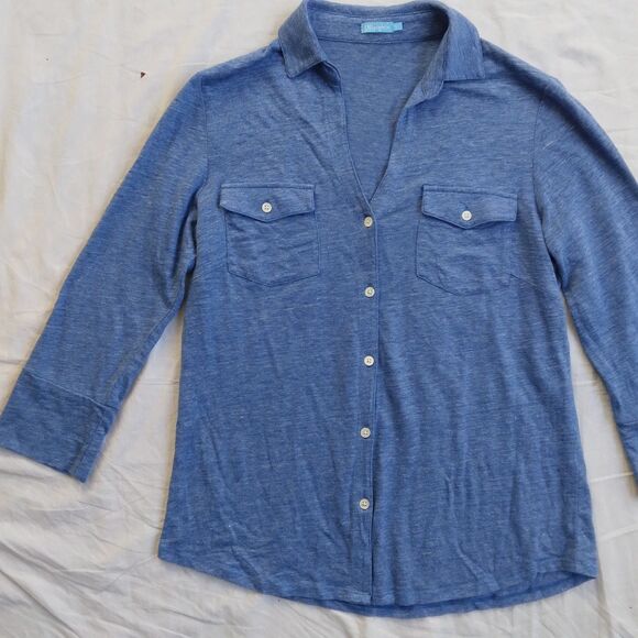 J.McLaughlin Brynn 3/4 Sleeve Shirt Henley Blue Linen Blend Women's Size Small - Picture 3 of 12